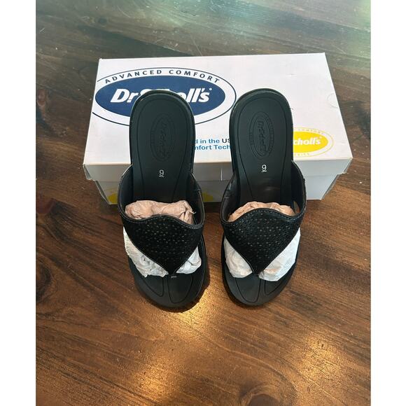Dr Scholls Cork‎ Wedge Black Thong Sandals Cut Out Summer Spring Women's Size 9 - Picture 9 of 9